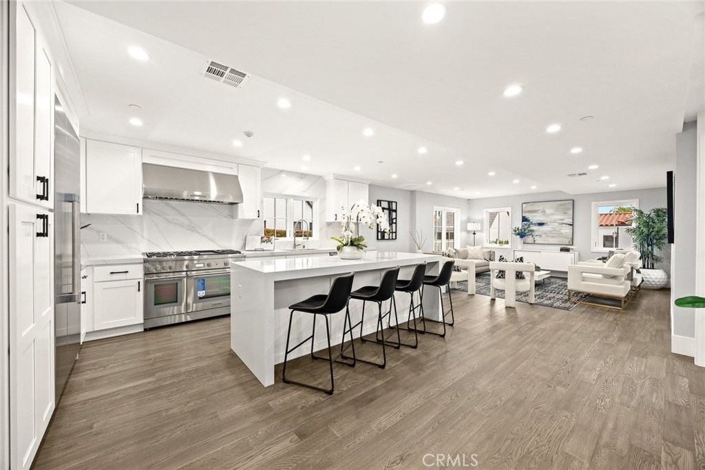 Interior, Kitchen, Living room, Marble Walls, Recessed Lighting, Stainless Steel Appliances, Wood Texture Flooring