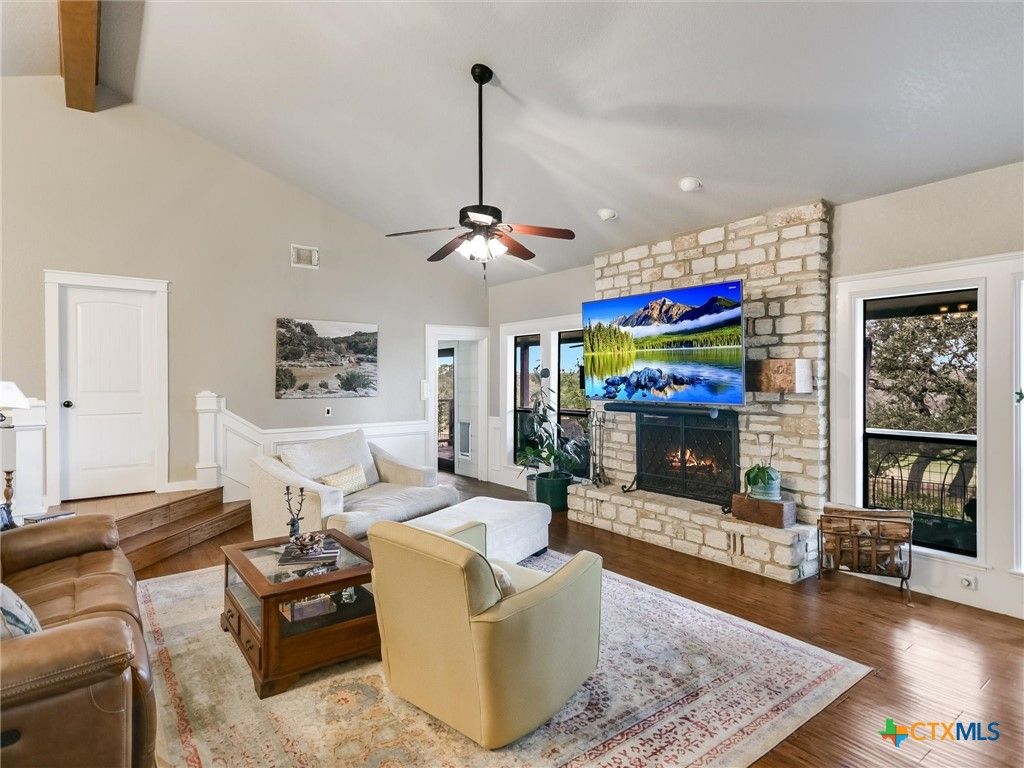 Fireplace, Interior, Living room, Stone Walls, Wood Texture Flooring