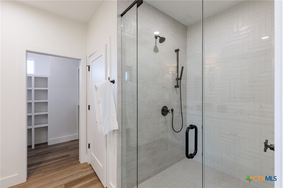 Bathroom, Glass Shower, Interior, Wood Texture Flooring
