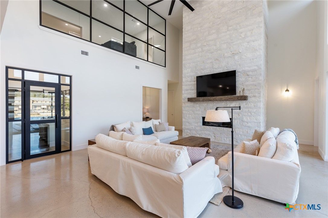 Fireplace, Interior, Living room, Recessed Lighting, Stone Walls