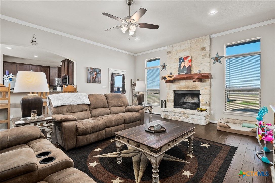 Fireplace, Interior, Kitchen, Living room, Recessed Lighting, Stone Walls, Wood Texture Flooring