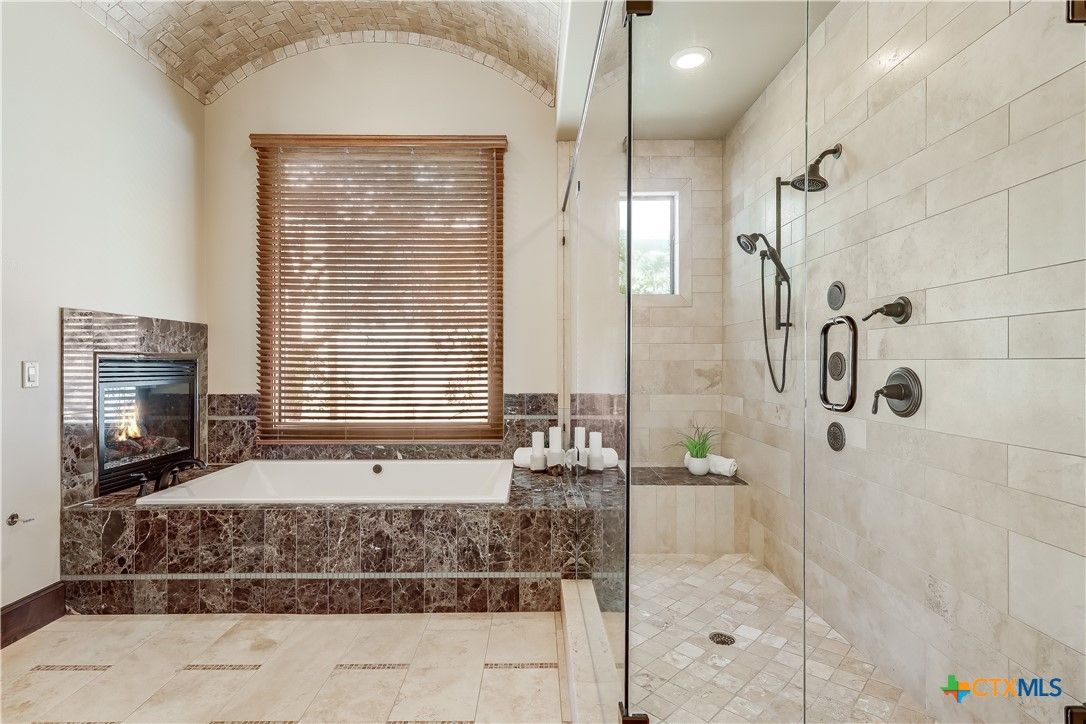 Bathroom, Fireplace, Glass Shower, Interior, Recessed Lighting