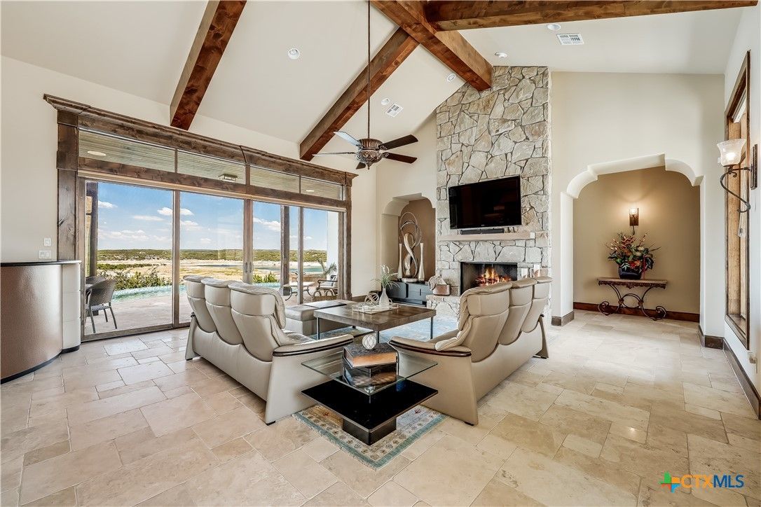 Fireplace, Interior, Living room, Recessed Lighting, Stone Walls, Wooden Beams