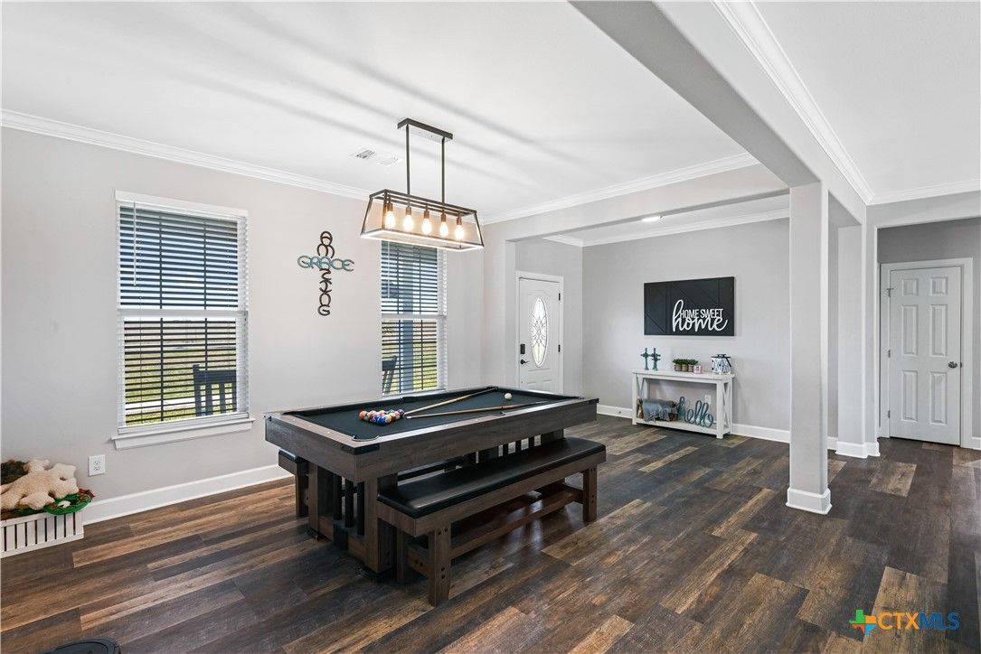 Billiard Table, Game Room, Interior, Pendant Lights, Wood Texture Flooring