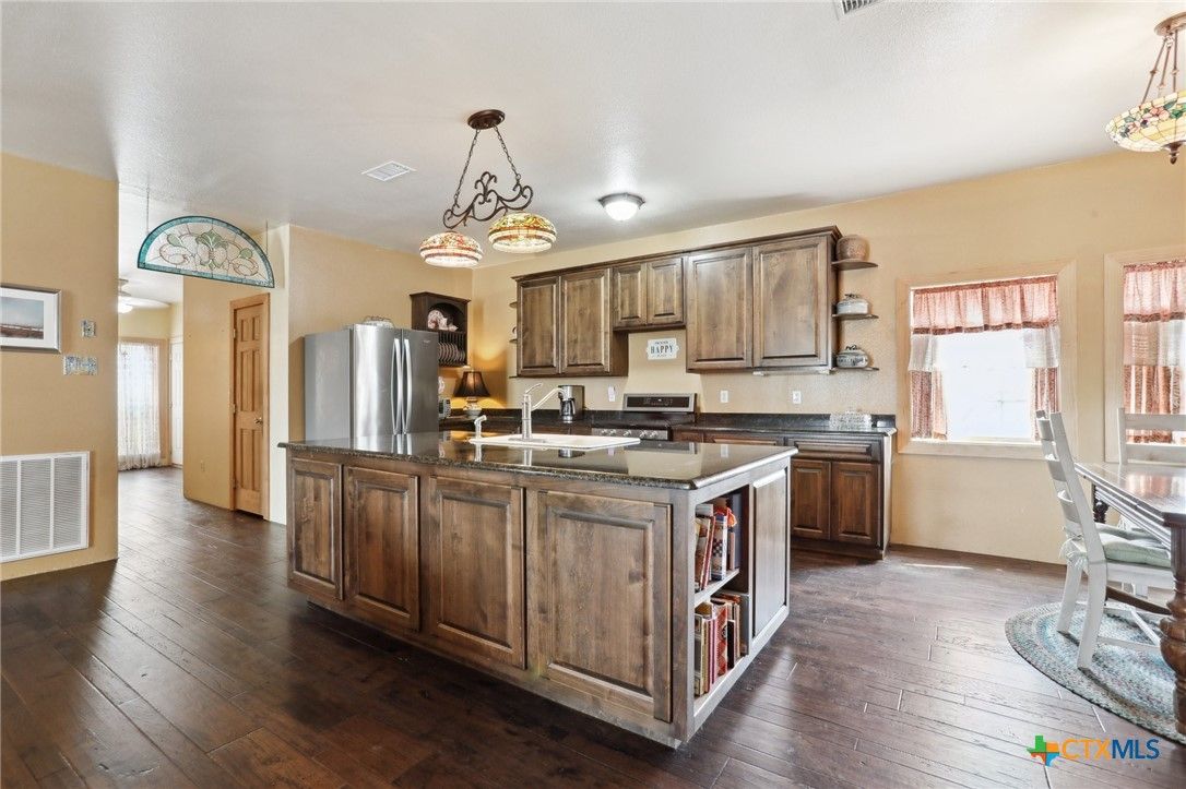 Chandelier, Interior, Kitchen, Pendant Lights, Stainless Steel Appliances, Wood Texture Flooring