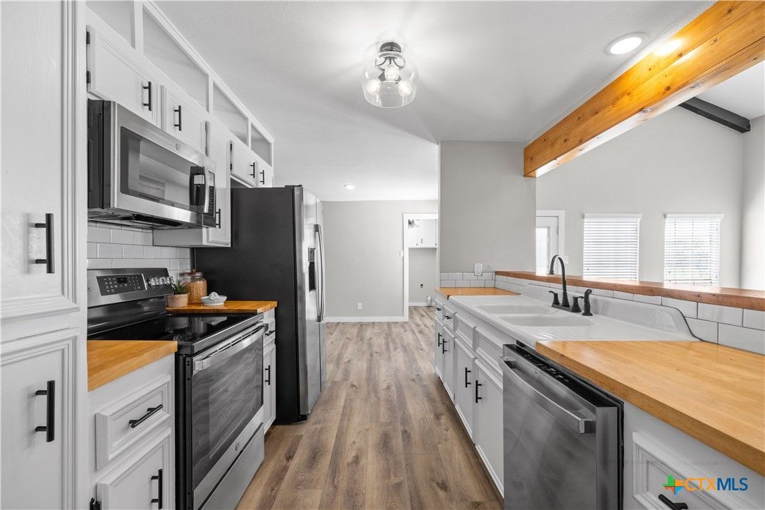 Interior, Kitchen, Recessed Lighting, Stainless Steel Appliances, Wooden Beams, Wood Texture Flooring