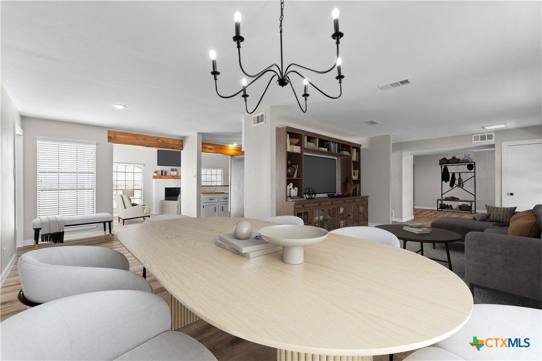 Chandelier, Dining room, Interior, Living room, Recessed Lighting, Wood Texture Flooring