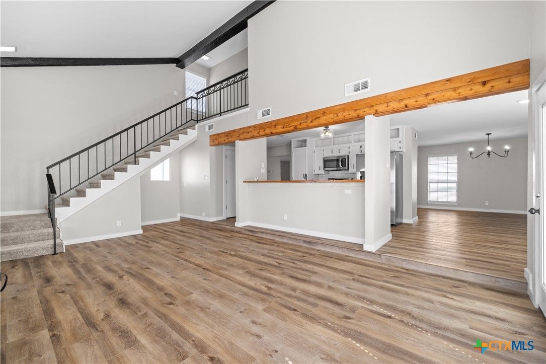 Chandelier, Interior, Kitchen, Pendant Lights, Wooden Beams, Wood Texture Flooring