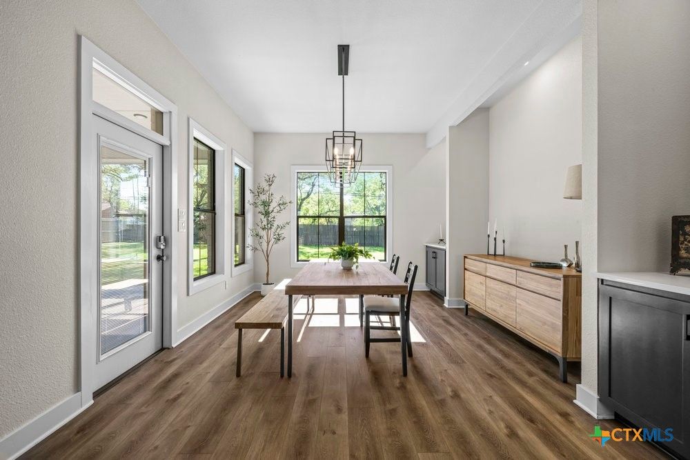 Dining room, Interior, Pendant Lights, Wood Texture Flooring