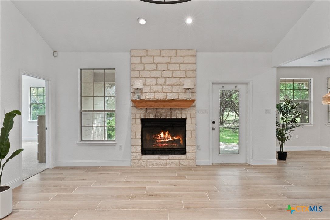 Fireplace, Interior, Recessed Lighting, Wood Texture Flooring