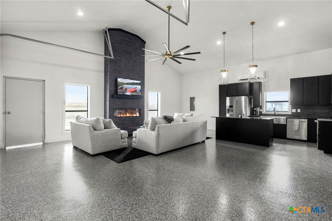 Fireplace, Interior, Kitchen, Living room, Pendant Lights, Recessed Lighting, Stainless Steel Appliances