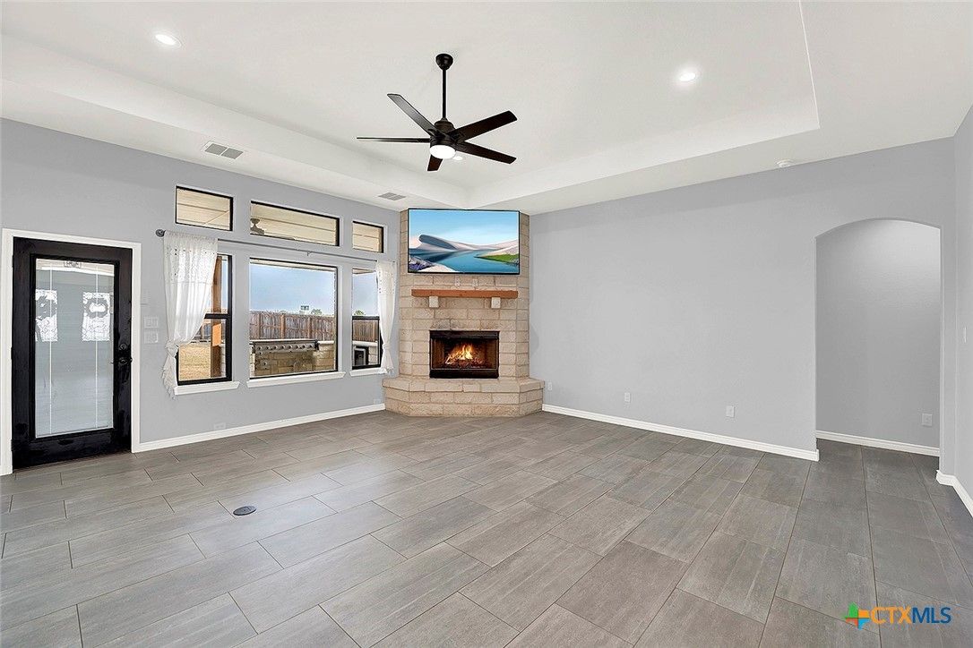 Empty room, Fireplace, Interior, Recessed Lighting, Wood Texture Flooring