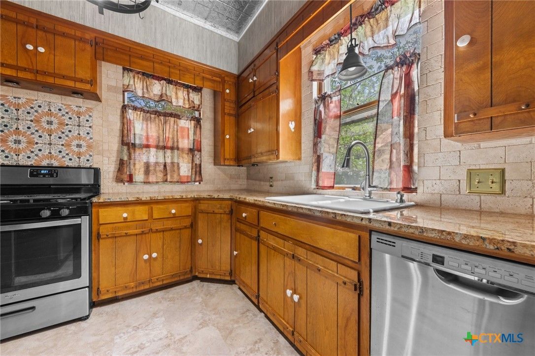 Interior, Kitchen, Stainless Steel Appliances, Stone Walls
