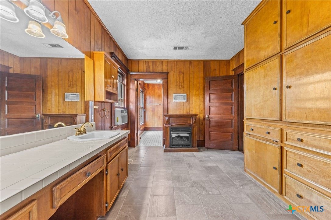 Bathroom, Fireplace, Interior, Tile Countertops, Wooden Walls