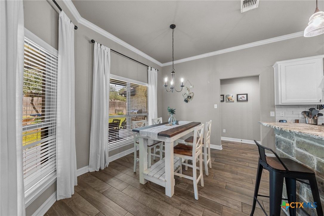Dining room, Interior, Pendant Lights, Wood Texture Flooring