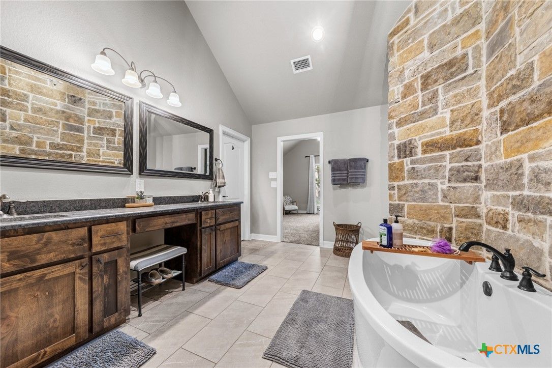 Bathroom, Dual Sink Vanities, Interior, Recessed Lighting, Stone Walls