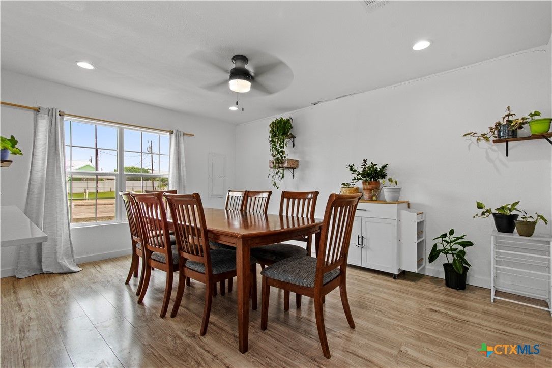 Dining room, Interior, Recessed Lighting, Wood Texture Flooring
