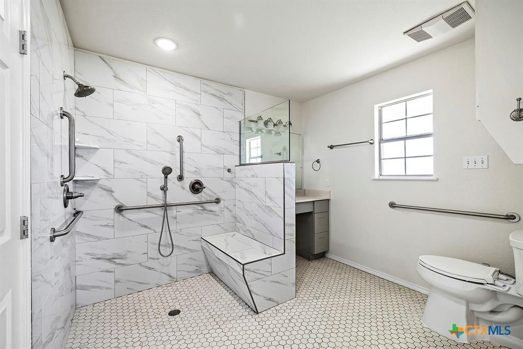 Bathroom, Glass Shower, Interior, Marble Walls, Recessed Lighting
