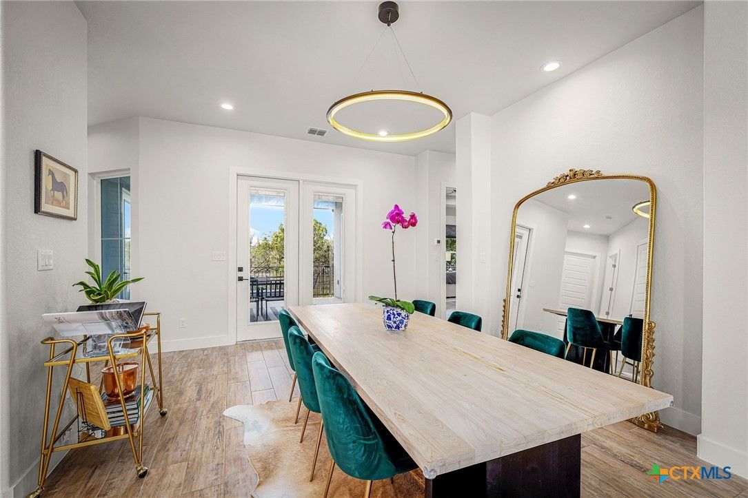 Dining room, Interior, Pendant Lights, Recessed Lighting, Wood Texture Flooring