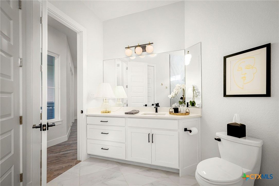 Bathroom, Dual Sink Vanities, Interior, Marble, Wood Texture Flooring