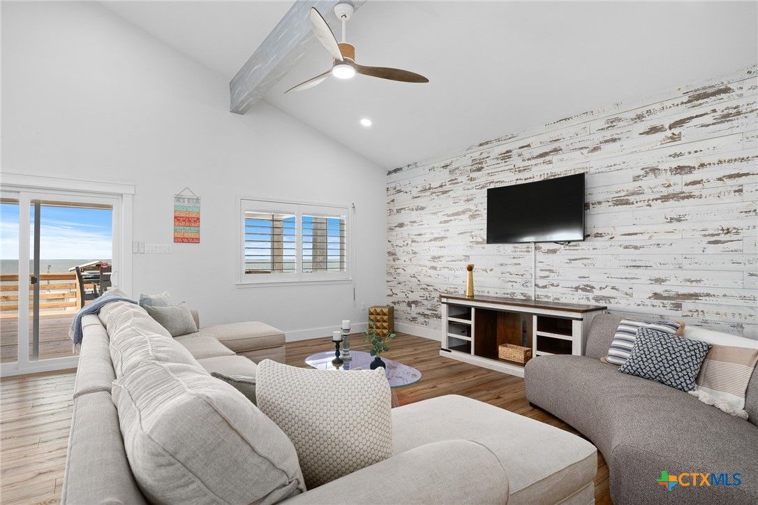 Interior, Living room, Recessed Lighting, Stone Walls, Wood Texture Flooring