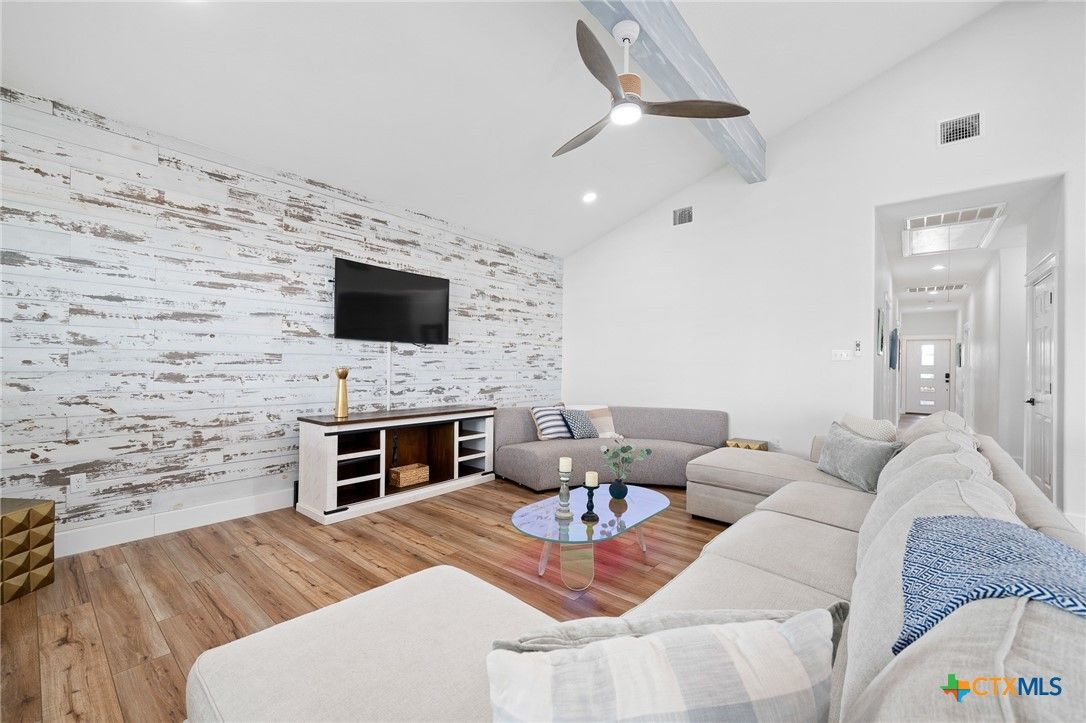 Interior, Living room, Recessed Lighting, Stone Walls, Wood Texture Flooring