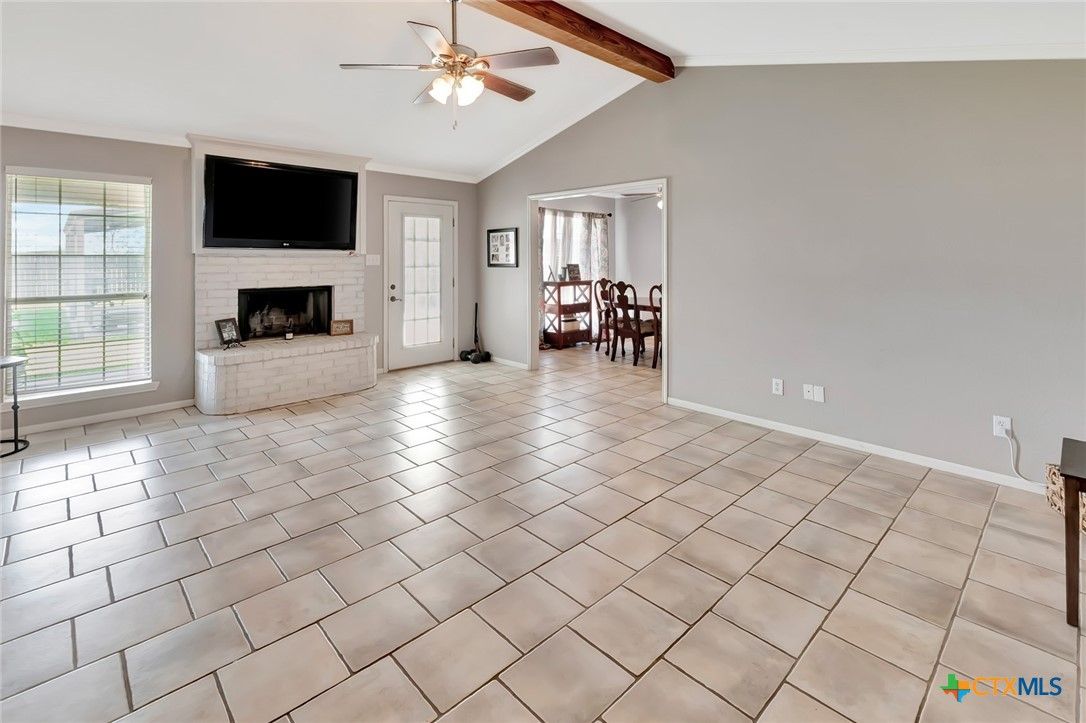Dining room, Empty room, Fireplace, Interior, Wooden Beams