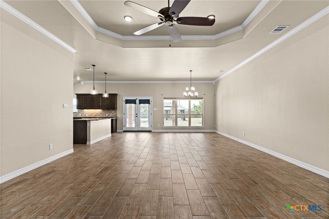 Chandelier, Empty room, Interior, Kitchen, Pendant Lights, Recessed Lighting, Wood Texture Flooring