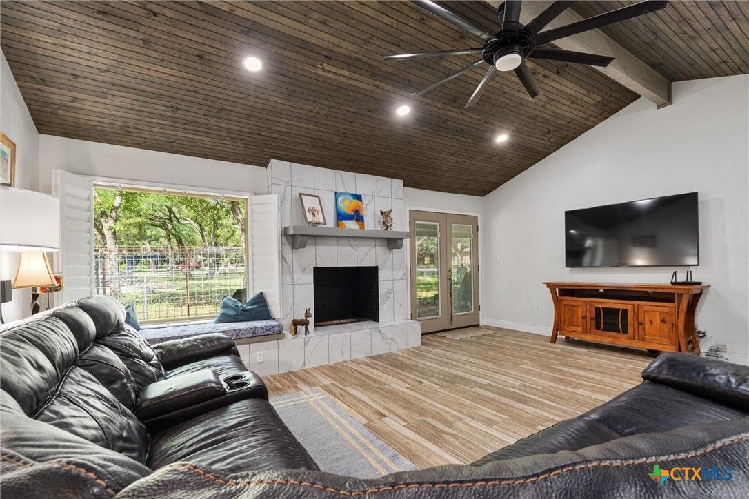 Fireplace, Interior, Living room, Recessed Lighting, Wooden Ceilings, Wood Texture Flooring