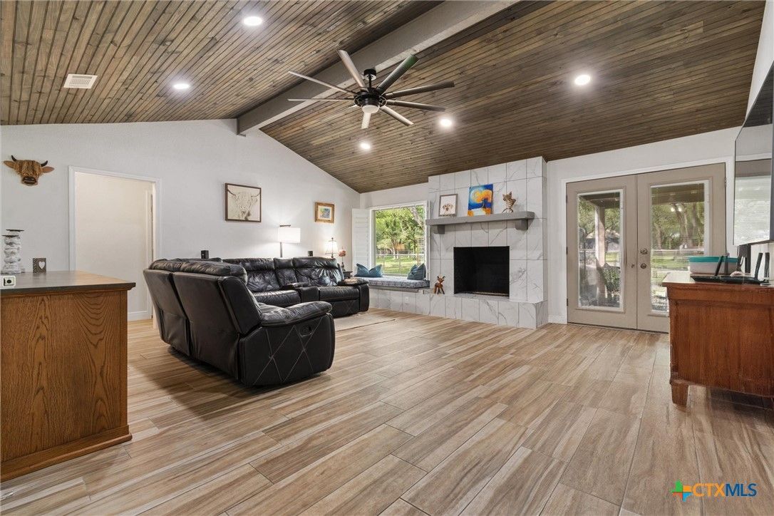 Fireplace, Interior, Living room, Recessed Lighting, Wooden Ceilings, Wood Texture Flooring