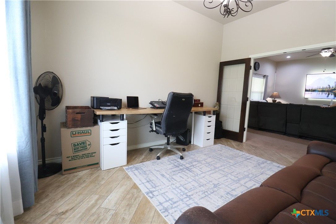 Chandelier, Home Office, Interior, Recessed Lighting, Wood Texture Flooring