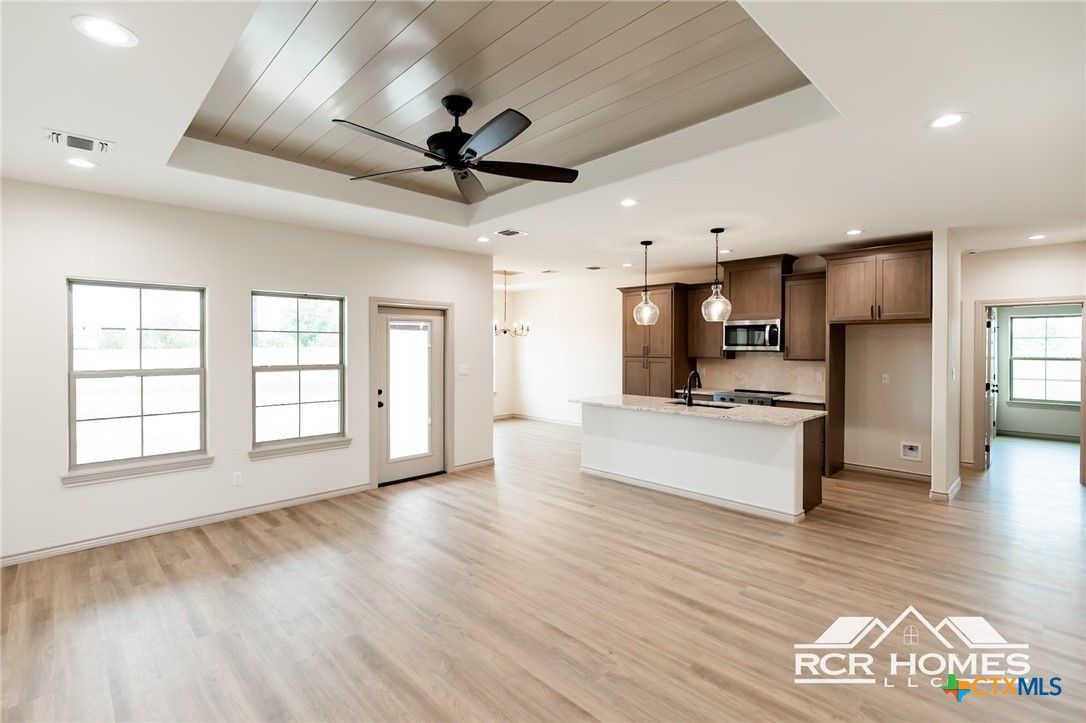 Empty room, Interior, Kitchen, Pendant Lights, Recessed Lighting, Wood Texture Flooring