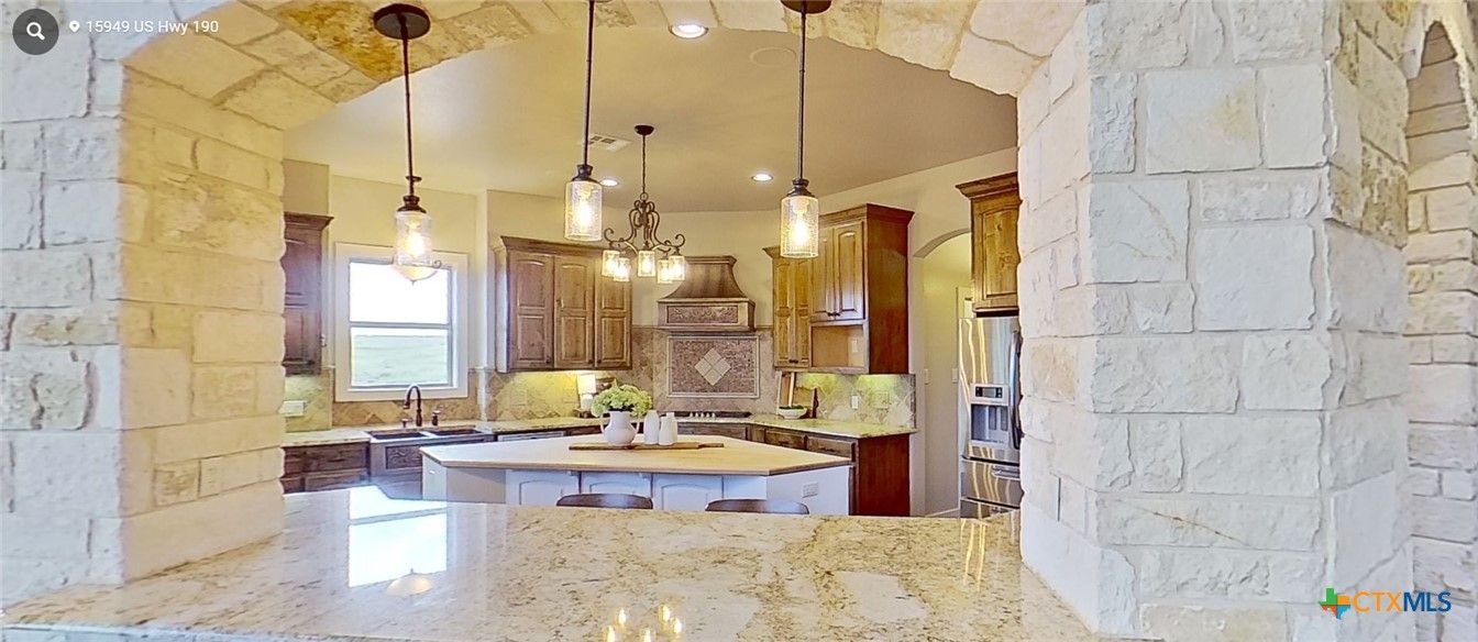 Interior, Kitchen, Pendant Lights, Recessed Lighting, Stainless Steel Appliances, Stone Walls