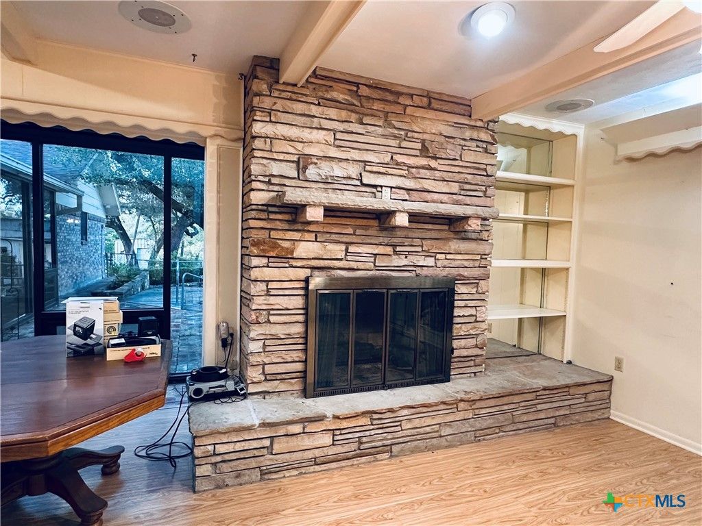 Fireplace, Home Office, Interior, Recessed Lighting, Stone Walls, Wood Texture Flooring