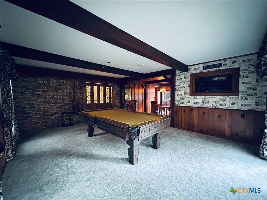 Billiard Table, Game Room, Interior, Stone Walls, Wooden Beams