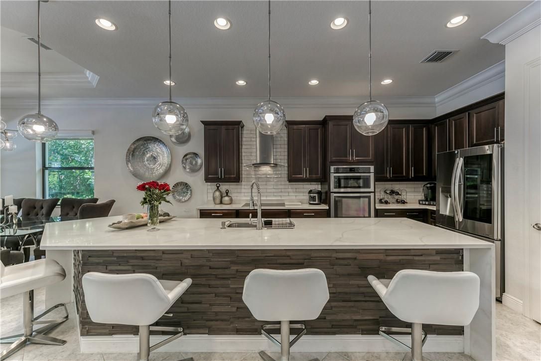 Interior, Kitchen, Marble, Pendant Lights, Recessed Lighting, Stainless Steel Appliances