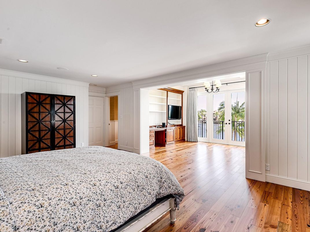 Bedroom, Chandelier, Interior, Recessed Lighting, Wood Texture Flooring