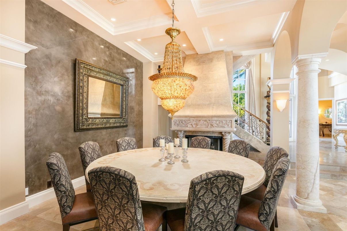 Chandelier, Dining room, Fireplace, Interior, Recessed Lighting