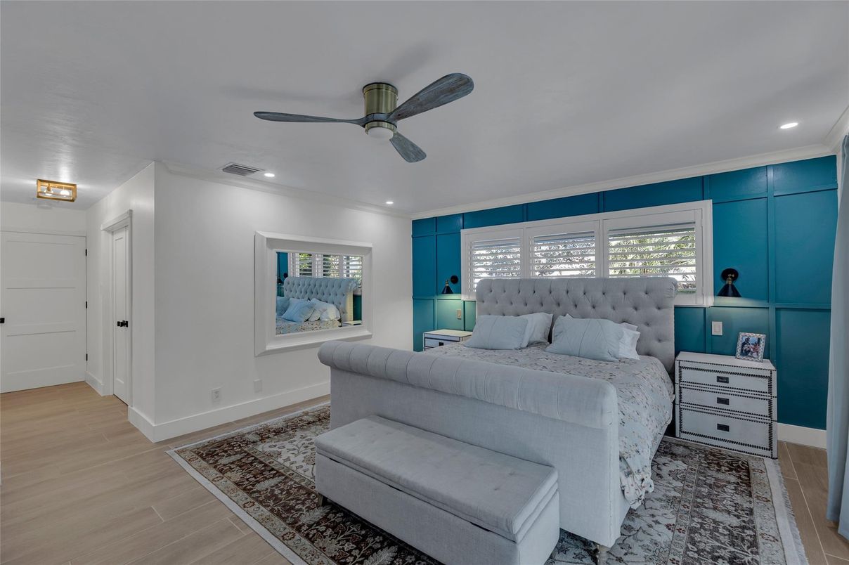 Bedroom, Interior, Recessed Lighting, Wood Texture Flooring