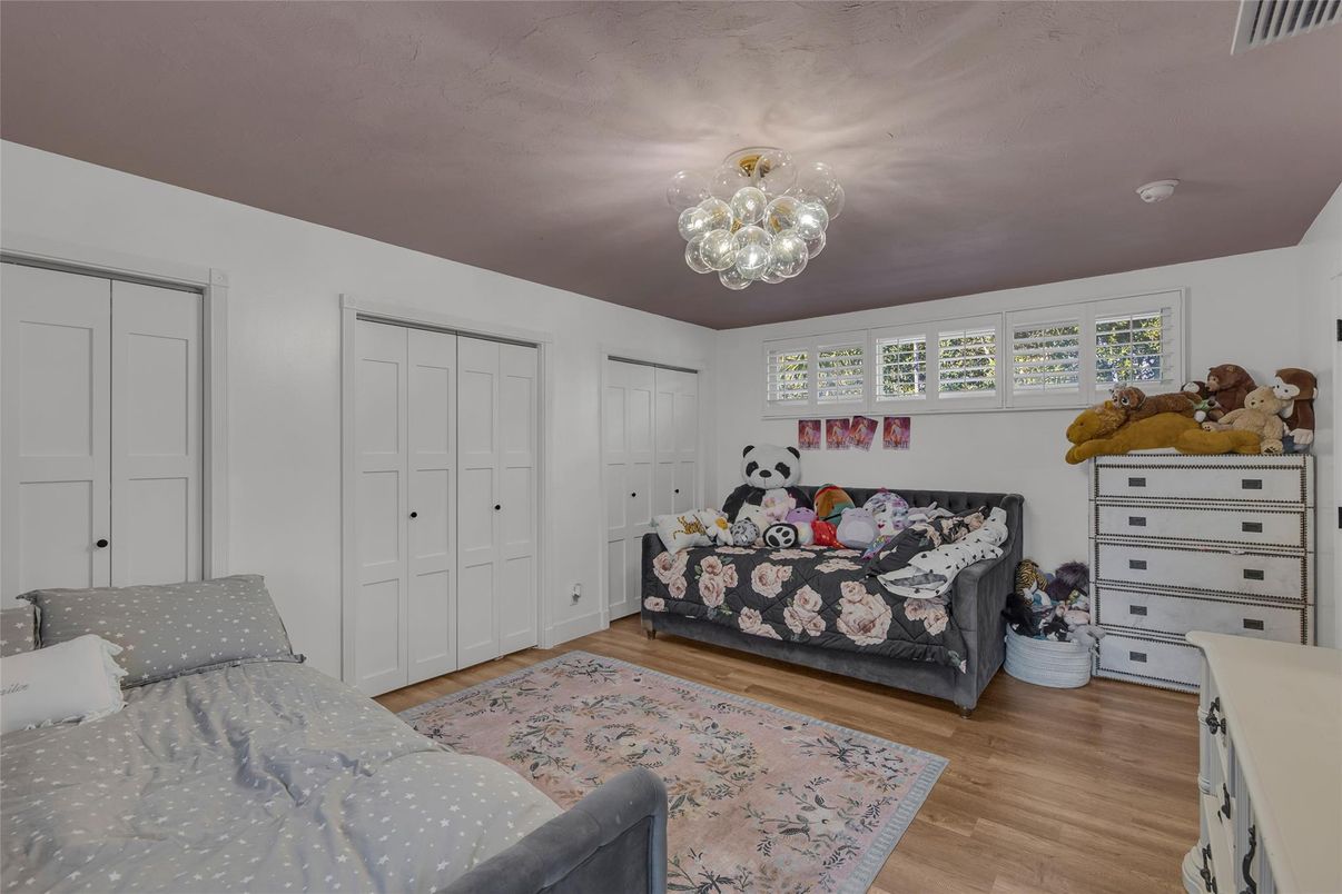 Bedroom, Chandelier, Interior, Wood Texture Flooring
