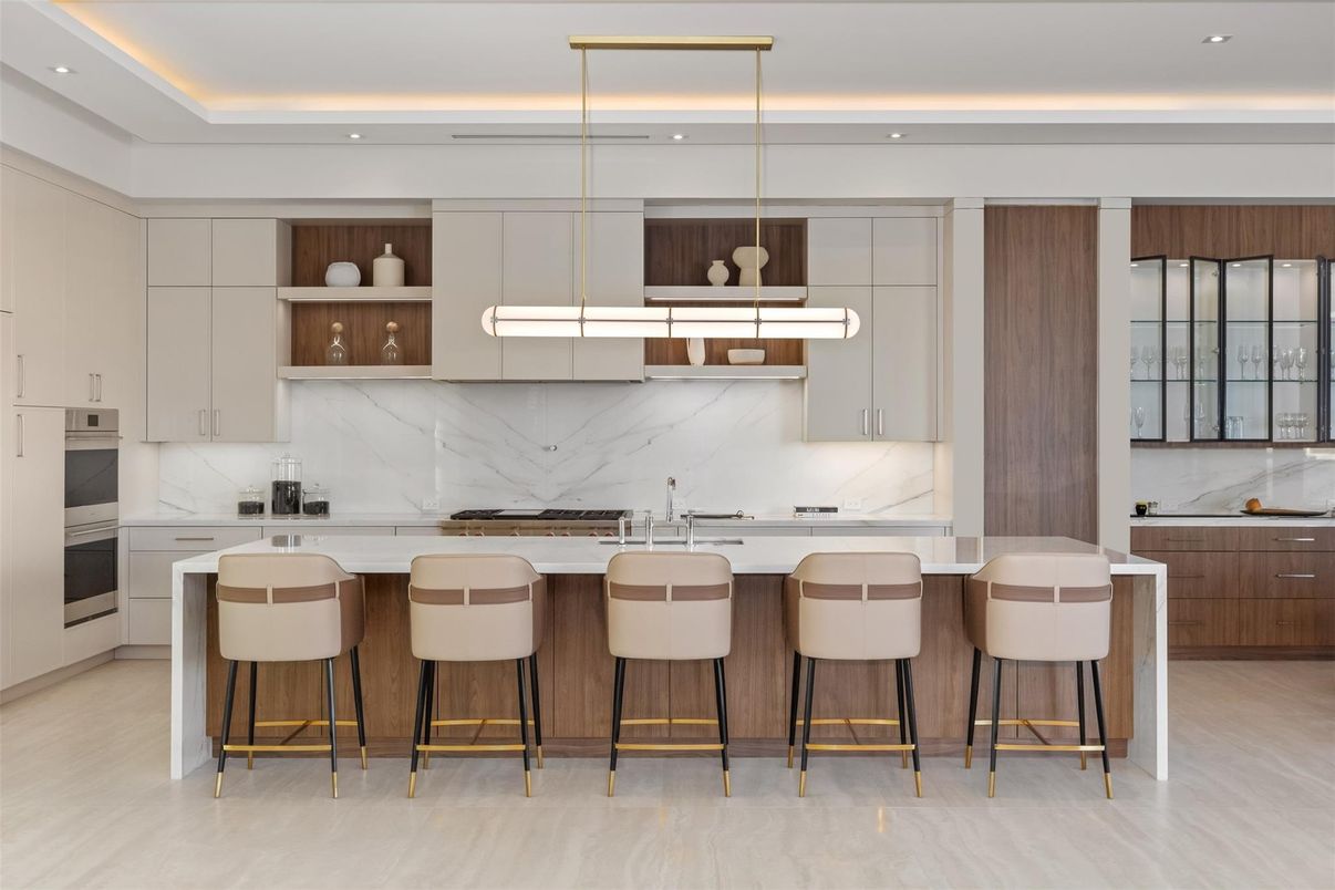 Interior, Kitchen, Marble Walls, Pendant Lights, Recessed Lighting