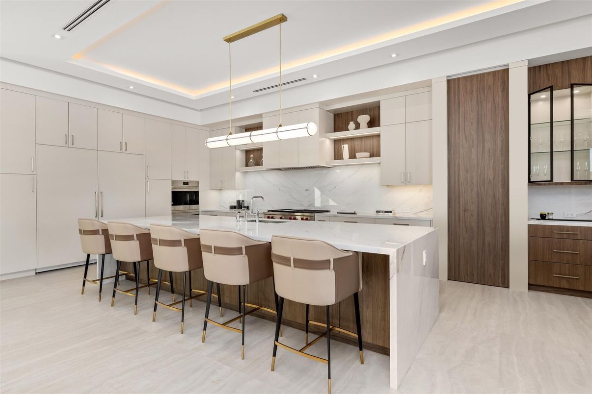 Interior, Kitchen, Marble Walls, Pendant Lights, Recessed Lighting