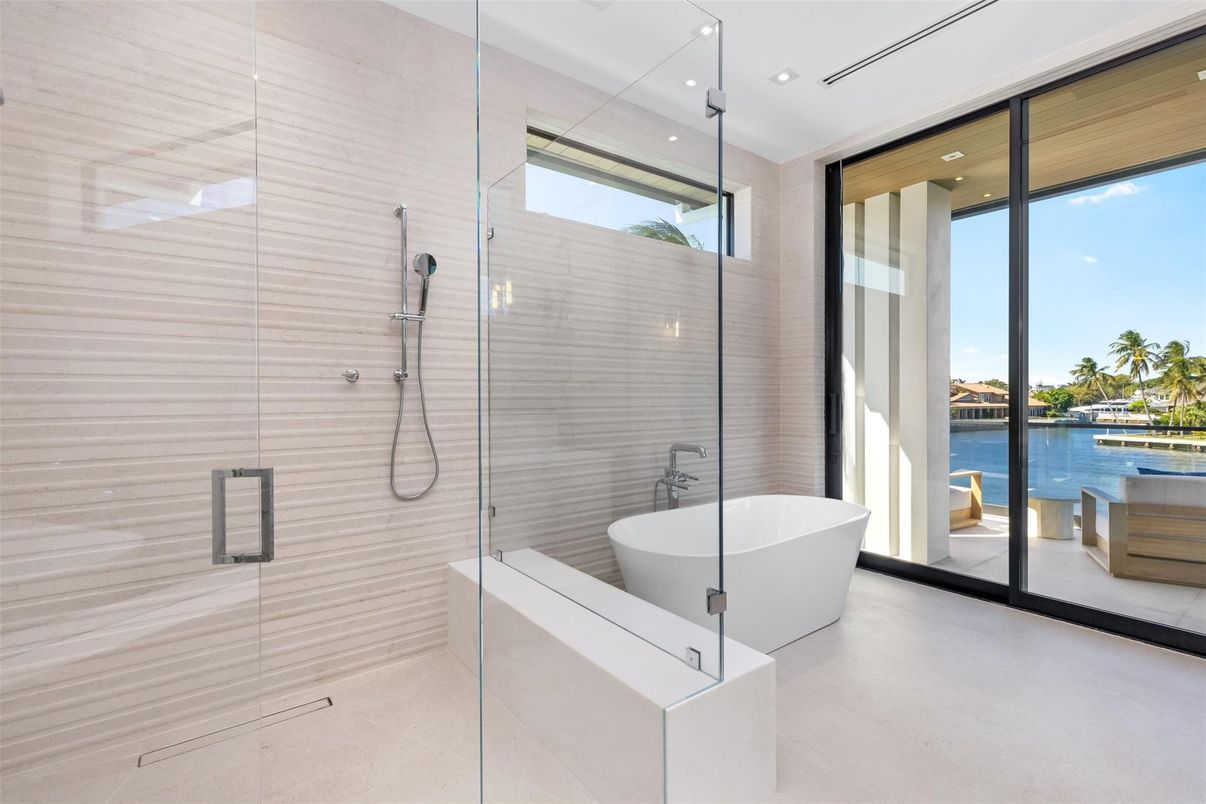 Bathroom, Free Standing Baths, Glass Shower, Interior, Recessed Lighting, Water