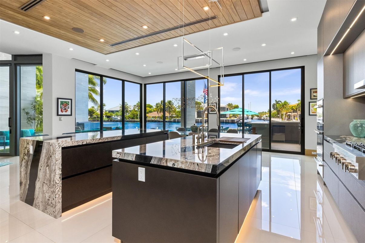 Interior, Kitchen, Pendant Lights, Recessed Lighting, Water, Wooden Ceilings