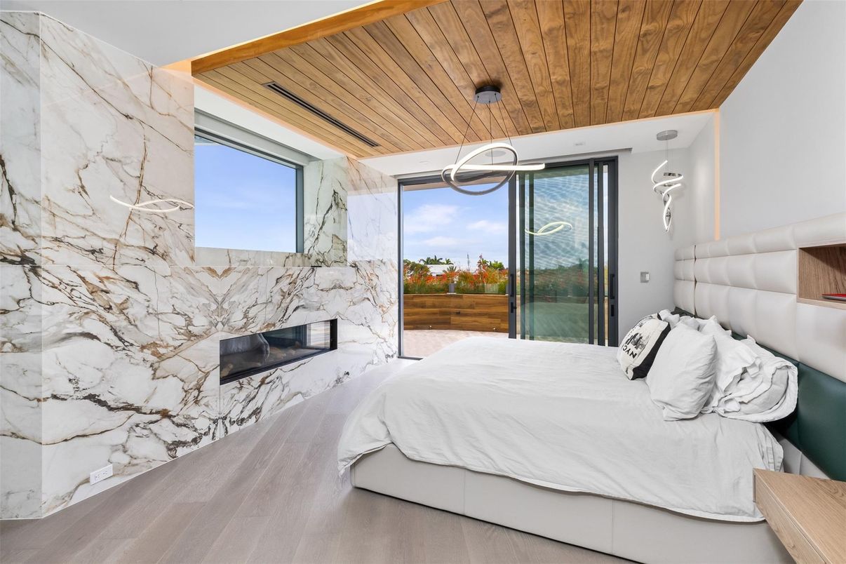Bedroom, Fireplace, Interior, Marble Walls, Pendant Lights, Wooden Ceilings, Wood Texture Flooring