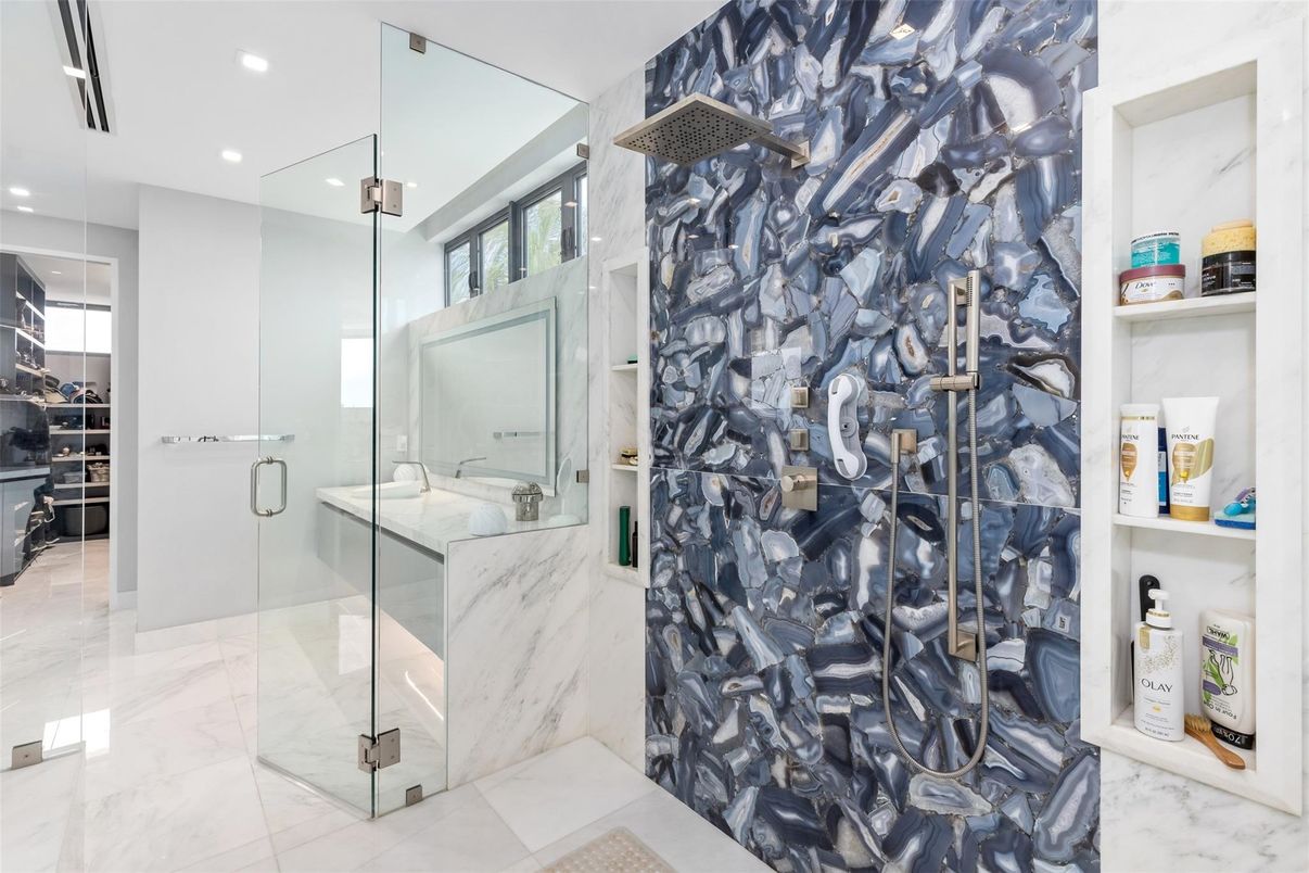 Bathroom, Glass Shower, Interior, Marble, Recessed Lighting