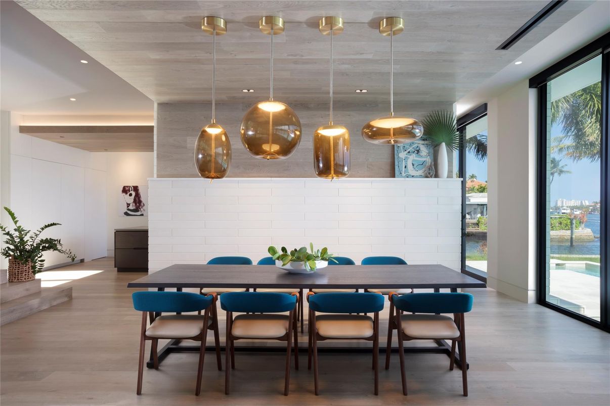 Dining room, Interior, Pendant Lights, Recessed Lighting, Water, Wood Texture Flooring