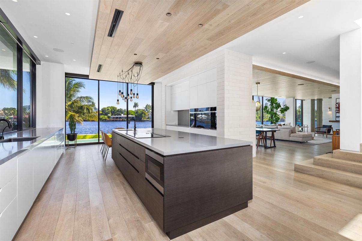 Interior, Kitchen, Living room, Pendant Lights, Recessed Lighting, Water, Wooden Ceilings, Wood Texture Flooring