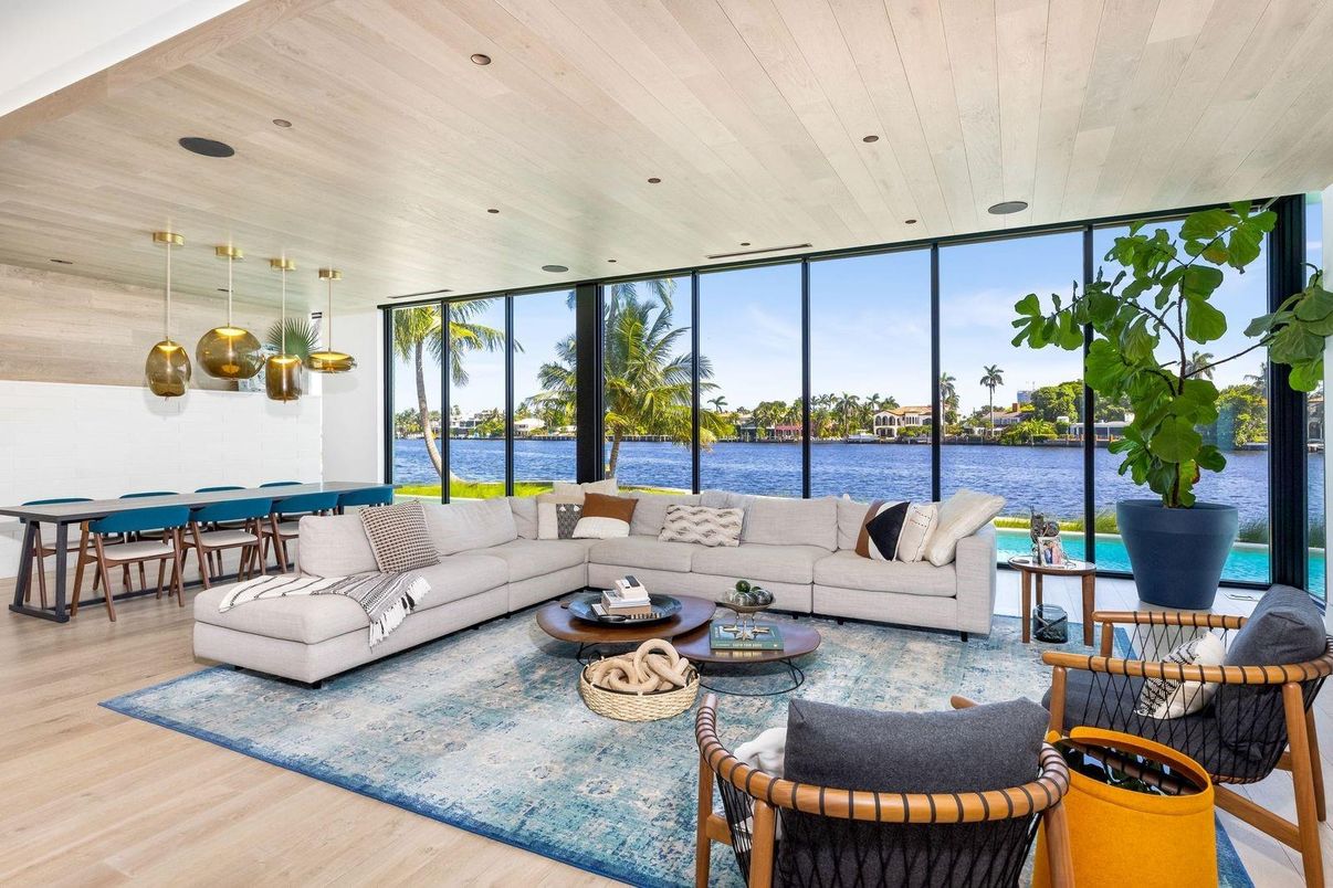Dining room, Interior, Living room, Pendant Lights, Recessed Lighting, Water, Wooden Ceilings, Wood Texture Flooring