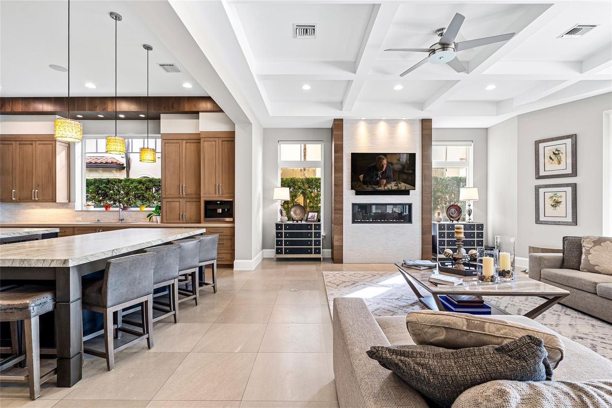 Fireplace, Interior, Kitchen, Living room, Pendant Lights, Recessed Lighting